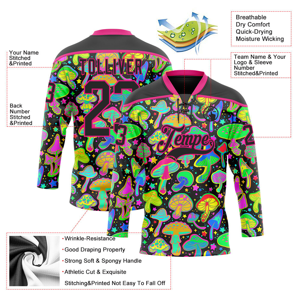 Custom Black Hot Pink 3D Pattern Trippy Psychedelic Magic Mushrooms Hockey Lace Neck Jersey