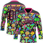 Custom Black Hot Pink 3D Pattern Trippy Psychedelic Magic Mushrooms Hockey Lace Neck Jersey