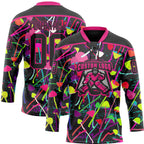 Custom Black Hot Pink 3D Pattern Trippy Psychedelic Magic Mushrooms Hockey Lace Neck Jersey