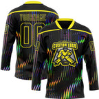 Custom Black Light Yellow 3D Pattern Trippy Psychedelic Fluid Hockey Lace Neck Jersey