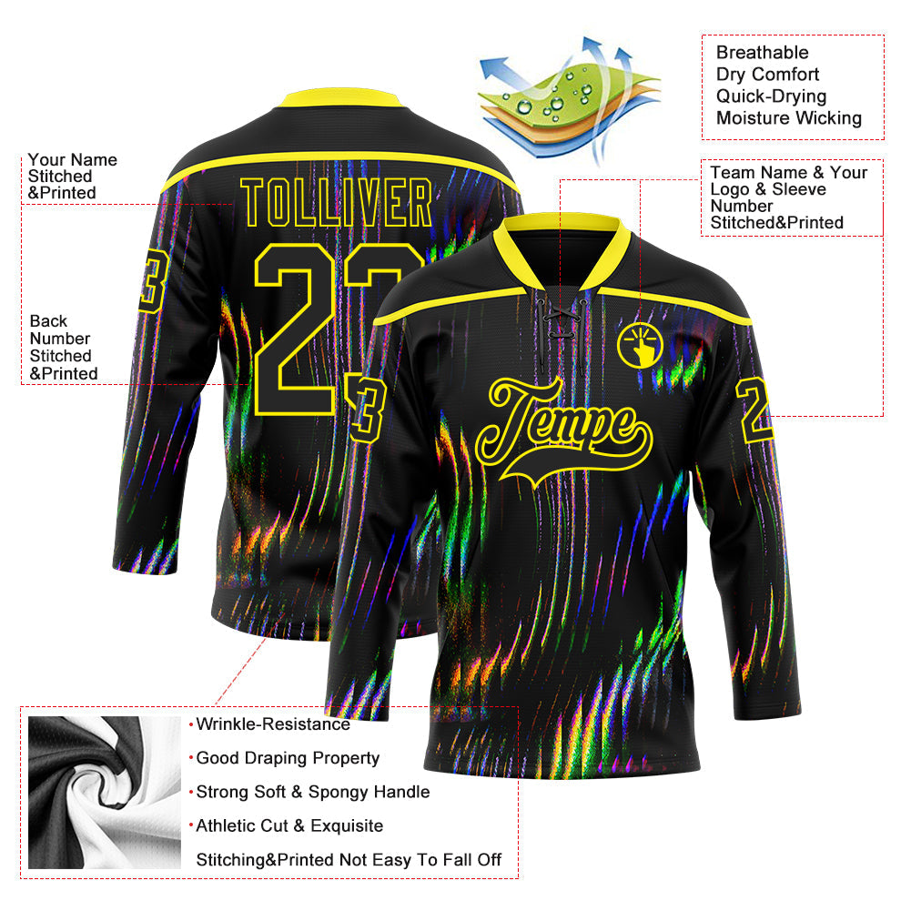 Custom Black Light Yellow 3D Pattern Trippy Psychedelic Fluid Hockey Lace Neck Jersey