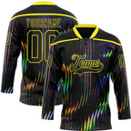 Custom Black Light Yellow 3D Pattern Trippy Psychedelic Fluid Hockey Lace Neck Jersey