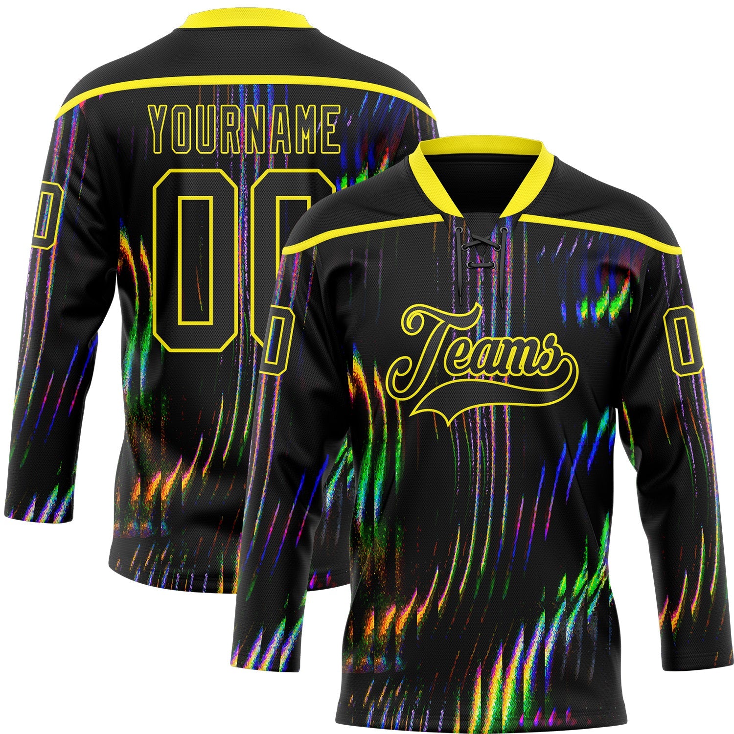 Custom Black Light Yellow 3D Pattern Trippy Psychedelic Fluid Hockey Lace Neck Jersey