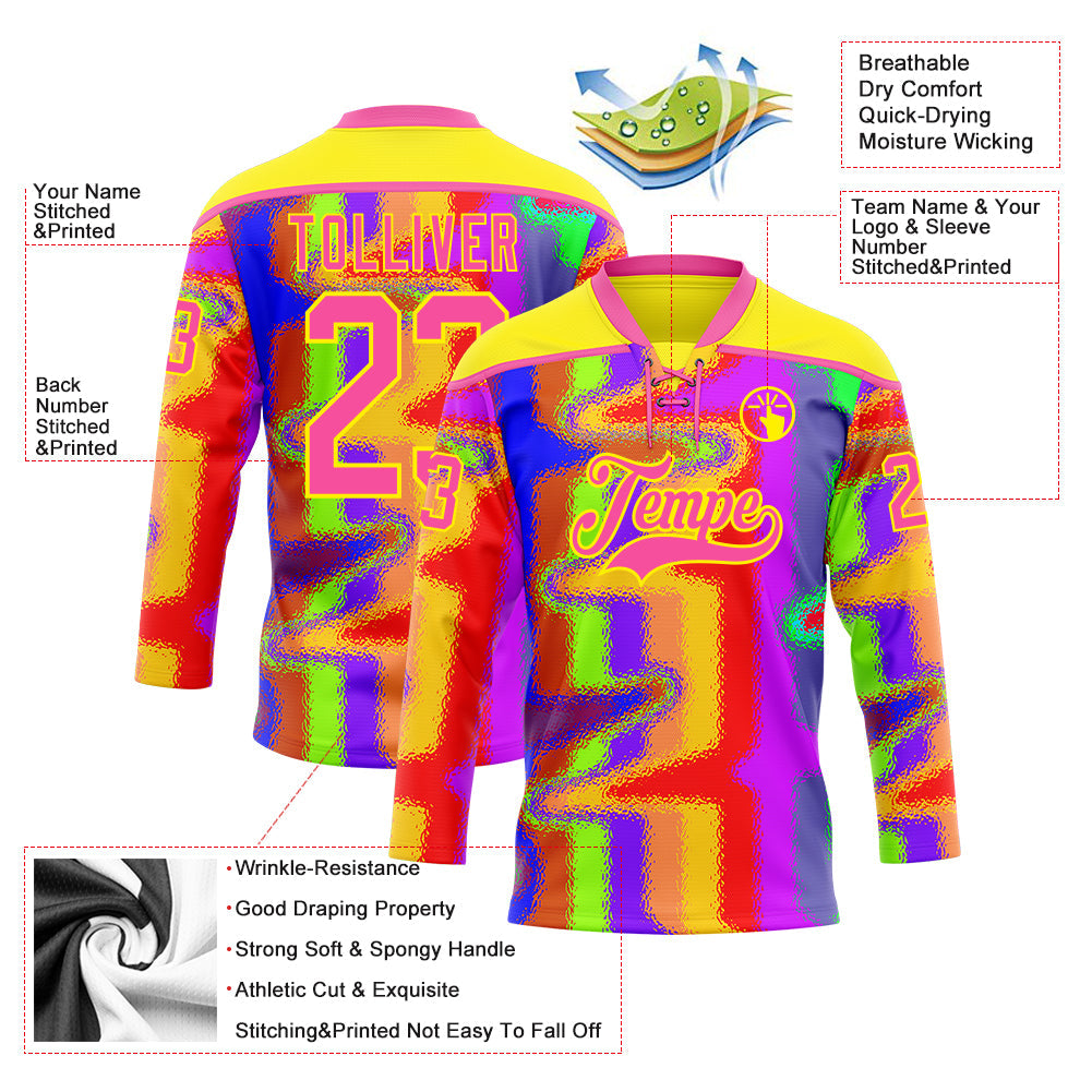 Custom Light Yellow Pink Purple Red-Green 3D Pattern Trippy Psychedelic Neon Splash Hockey Lace Neck Jersey
