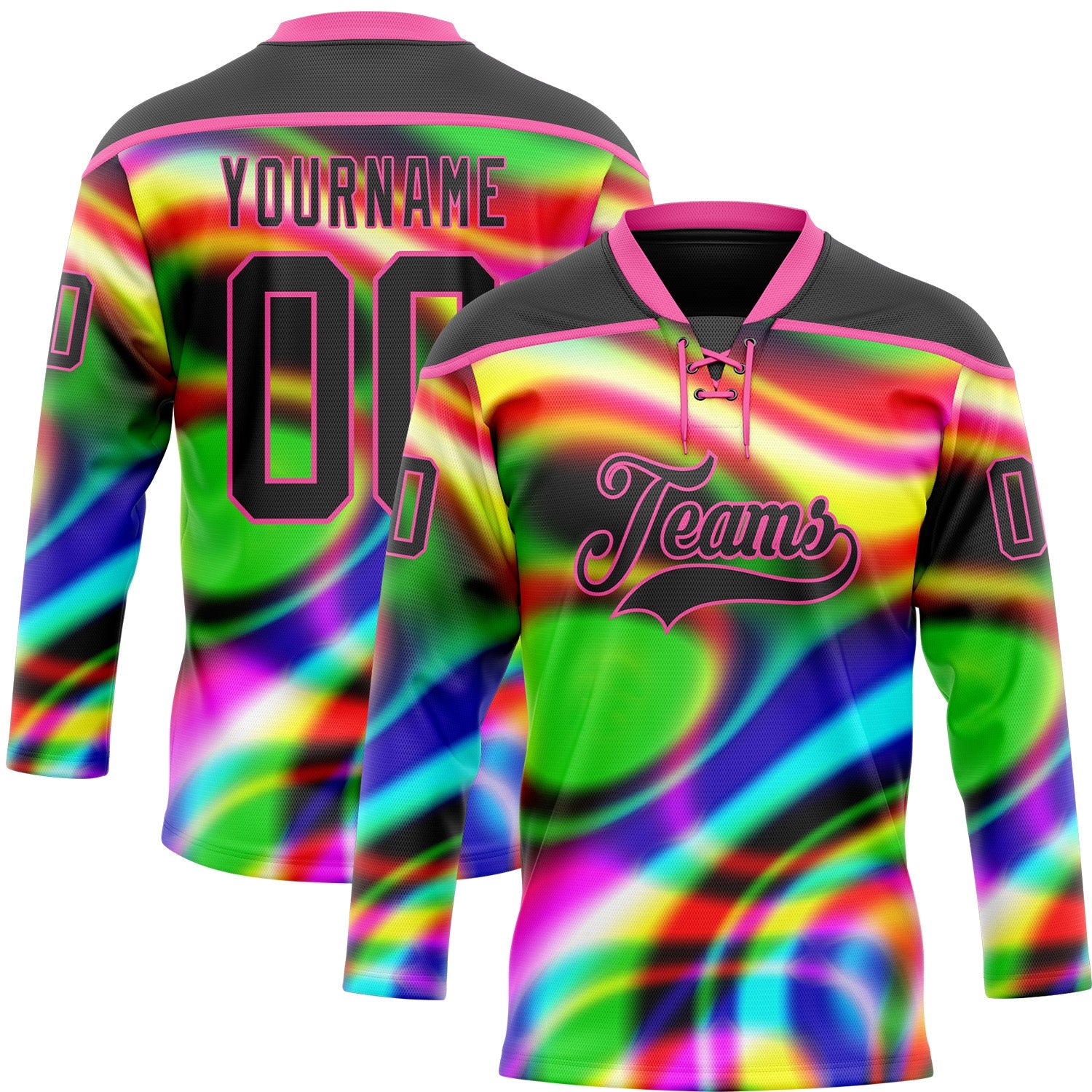 Custom Black Pink Yellow Green-Blue 3D Pattern Trippy Psychedelic Neon Trendy Holographic Vaporwave Style Hockey Lace Neck Jersey
