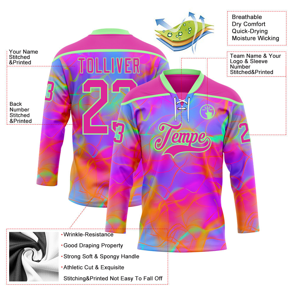 Custom Deep Pink Pea Green Purple-Orange 3D Pattern Trippy Psychedelic Neon Hockey Lace Neck Jersey