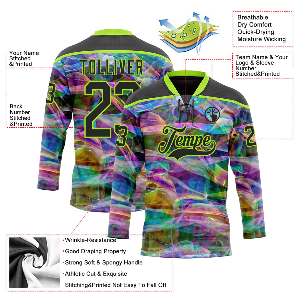 Custom Black Neon Green 3D Pattern Trippy Psychedelic Trendy Holographic Vaporwave Style Hockey Lace Neck Jersey