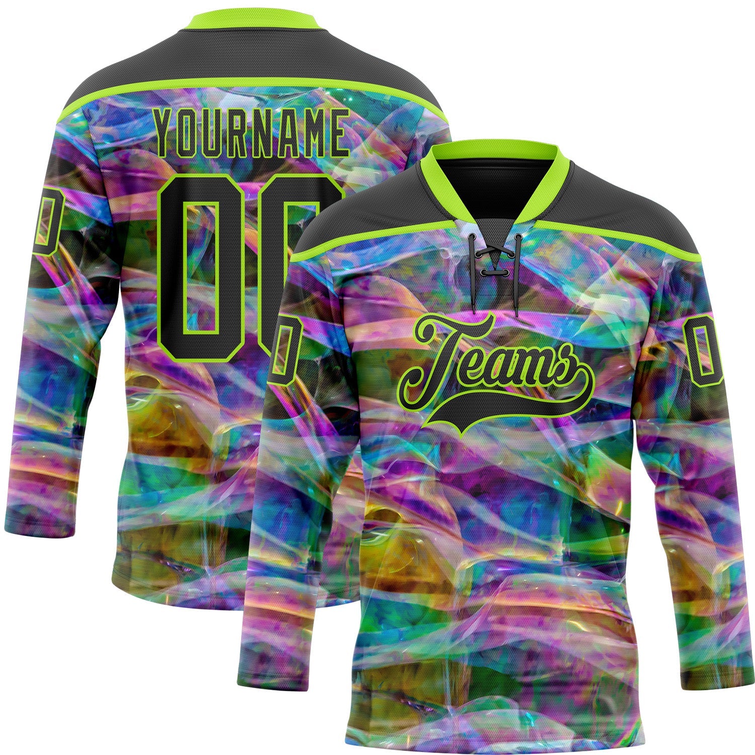 Custom Black Neon Green 3D Pattern Trippy Psychedelic Trendy Holographic Vaporwave Style Hockey Lace Neck Jersey