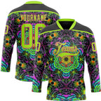Custom Black Neon Green-Hot Pink 3D Pattern Trippy Psychedelic Geometric Hockey Lace Neck Jersey