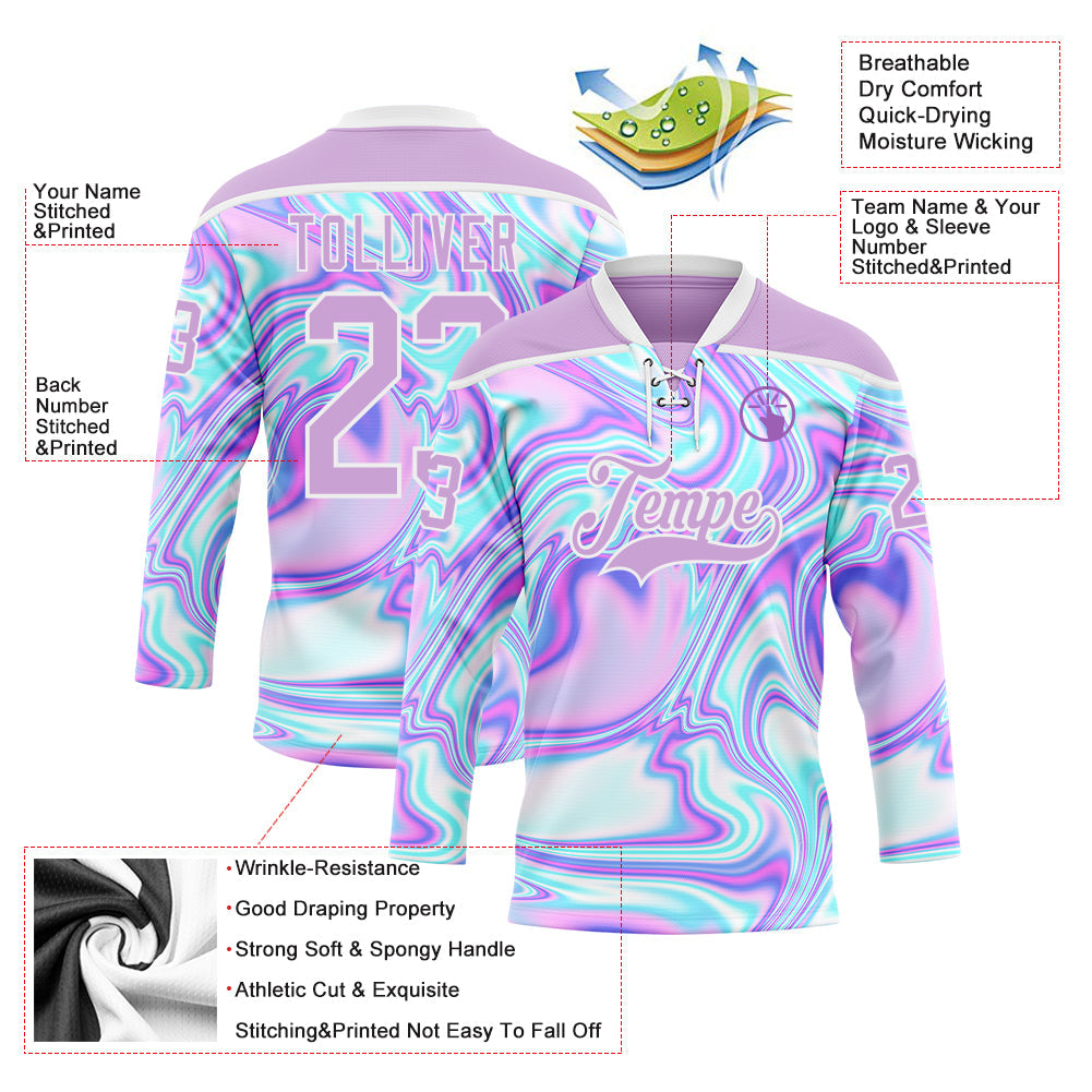 Custom Light Purple Pink Blue-White 3D Pattern Trippy Psychedelic Fluid Trendy Holographic Vaporwave Style Hockey Lace Neck Jersey
