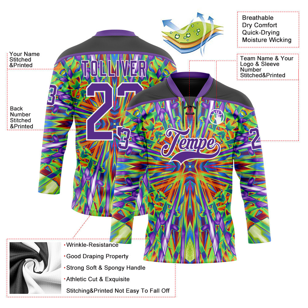 Custom Black Purple Green Orange-White 3D Pattern Trippy Psychedelic Geometric Hockey Lace Neck Jersey