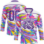 Custom White Purple Yellow Pink-Blue 3D Pattern Trippy Psychedelic Fluid Hockey Lace Neck Jersey