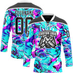 Custom Blue Black Deep Pink-White 3D Pattern Trippy Psychedelic Fluid Hockey Lace Neck Jersey