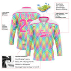 Custom White Pink Green Yellow-Purple 3D Pattern Trippy Psychedelic Neon Hockey Lace Neck Jersey