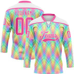 Custom White Pink Green Yellow-Purple 3D Pattern Trippy Psychedelic Neon Hockey Lace Neck Jersey