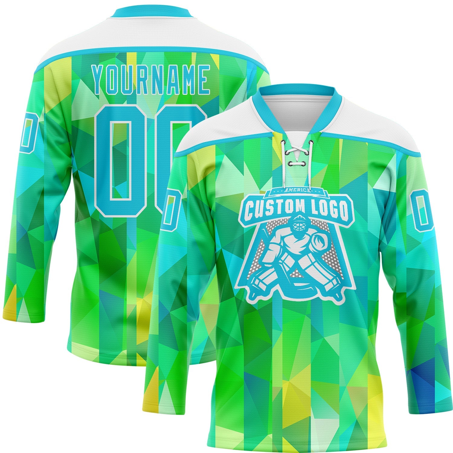Custom Green Lakes Blue-White 3D Pattern Trippy Psychedelic Geometric Hockey Lace Neck Jersey