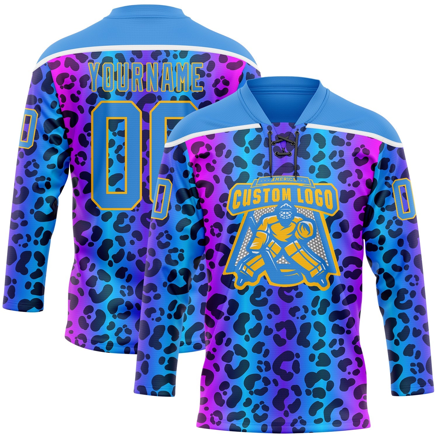 Custom Powder Blue Pink Gold-White 3D Pattern Leopard Print Neon Hockey Lace Neck Jersey