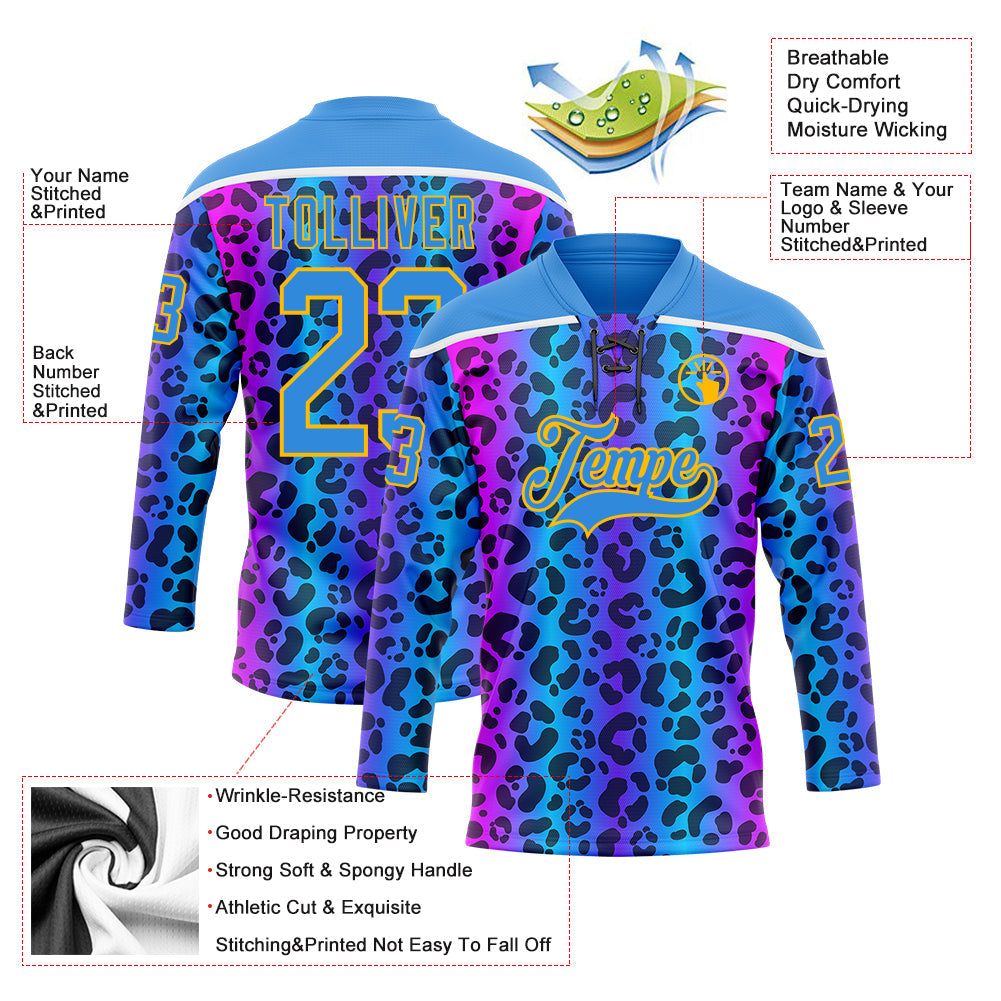 Custom Powder Blue Pink Gold-White 3D Pattern Leopard Print Neon Hockey Lace Neck Jersey