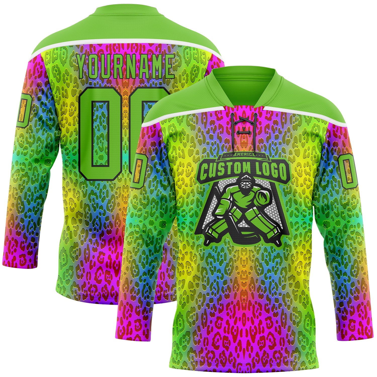 Custom Aurora Green Pink Black-White 3D Pattern Leopard Print Neon Hockey Lace Neck Jersey