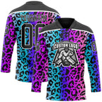 Custom Pink Black Blue-White 3D Pattern Leopard Print Neon Hockey Lace Neck Jersey