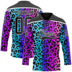Custom Pink Black Blue-White 3D Pattern Leopard Print Neon Hockey Lace Neck Jersey