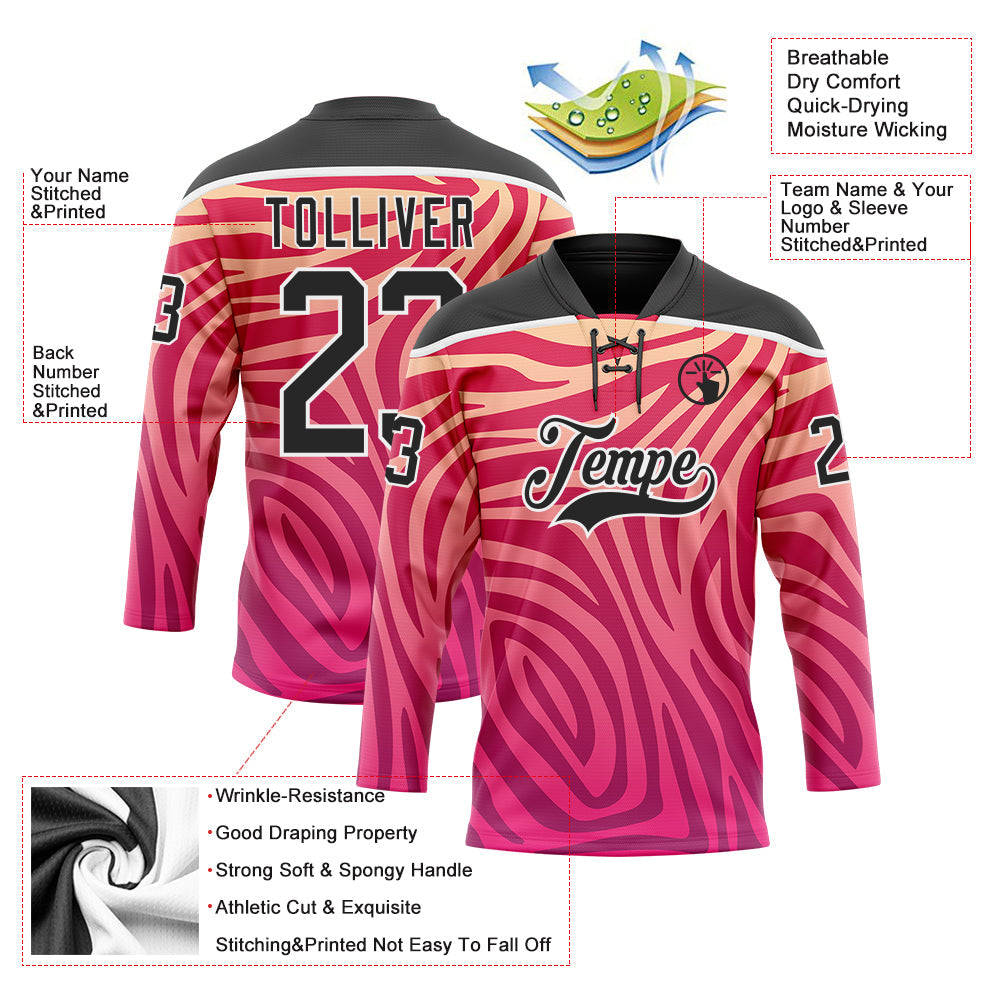 Custom Pink Black-White 3D Pattern Zebra Print Hockey Lace Neck Jersey