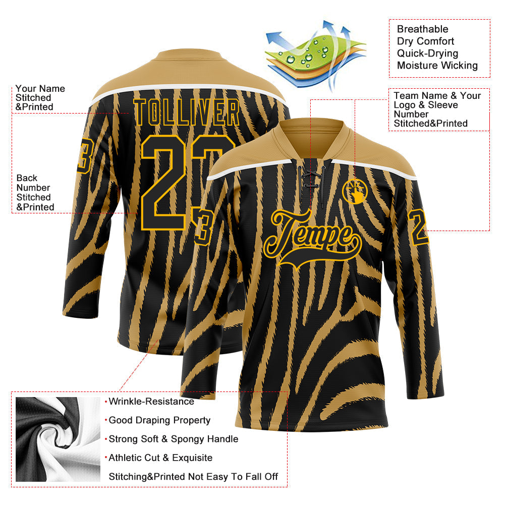 Custom Old Gold Black Gold-White 3D Pattern Zebra Print Hockey Lace Neck Jersey