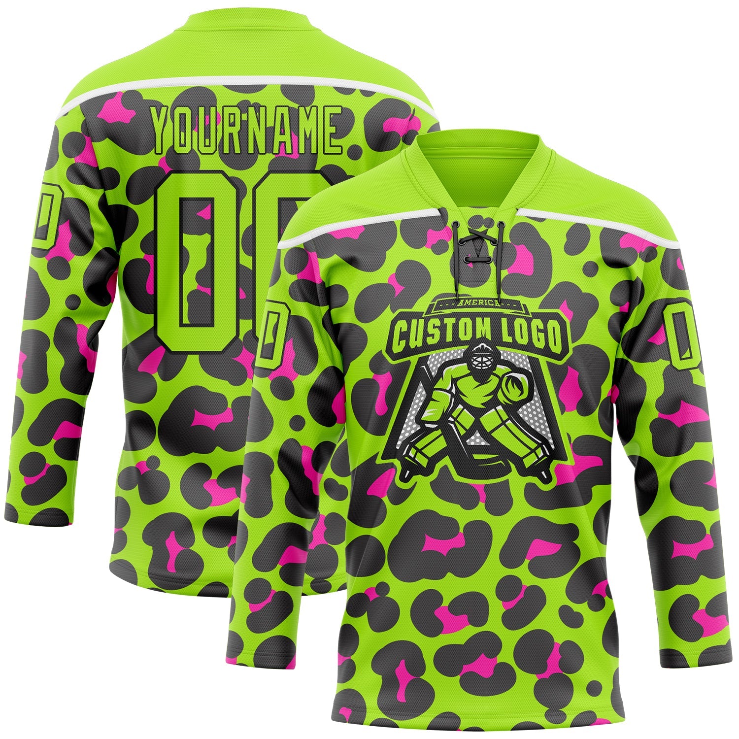 Custom Neon Green Pink Black-White 3D Pattern Leopard Print Neon Hockey Lace Neck Jersey