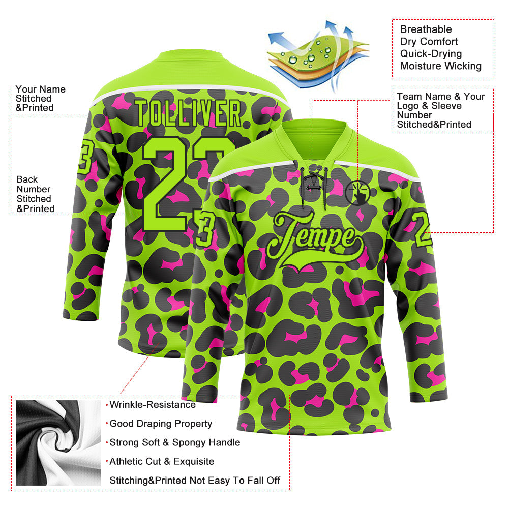 Custom Neon Green Pink Black-White 3D Pattern Leopard Print Neon Hockey Lace Neck Jersey