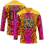 Custom Gold Navy-Pink 3D Pattern Leopard Print Neon Hockey Lace Neck Jersey