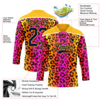 Custom Gold Navy-Pink 3D Pattern Leopard Print Neon Hockey Lace Neck Jersey