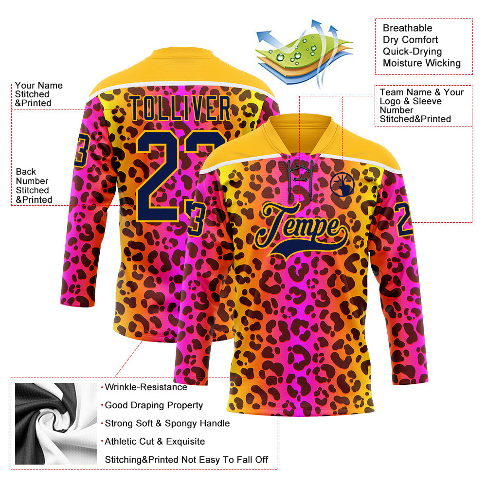 Custom Gold Navy-Pink 3D Pattern Leopard Print Neon Hockey Lace Neck Jersey