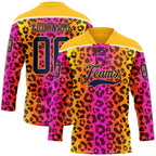 Custom Gold Navy-Pink 3D Pattern Leopard Print Neon Hockey Lace Neck Jersey