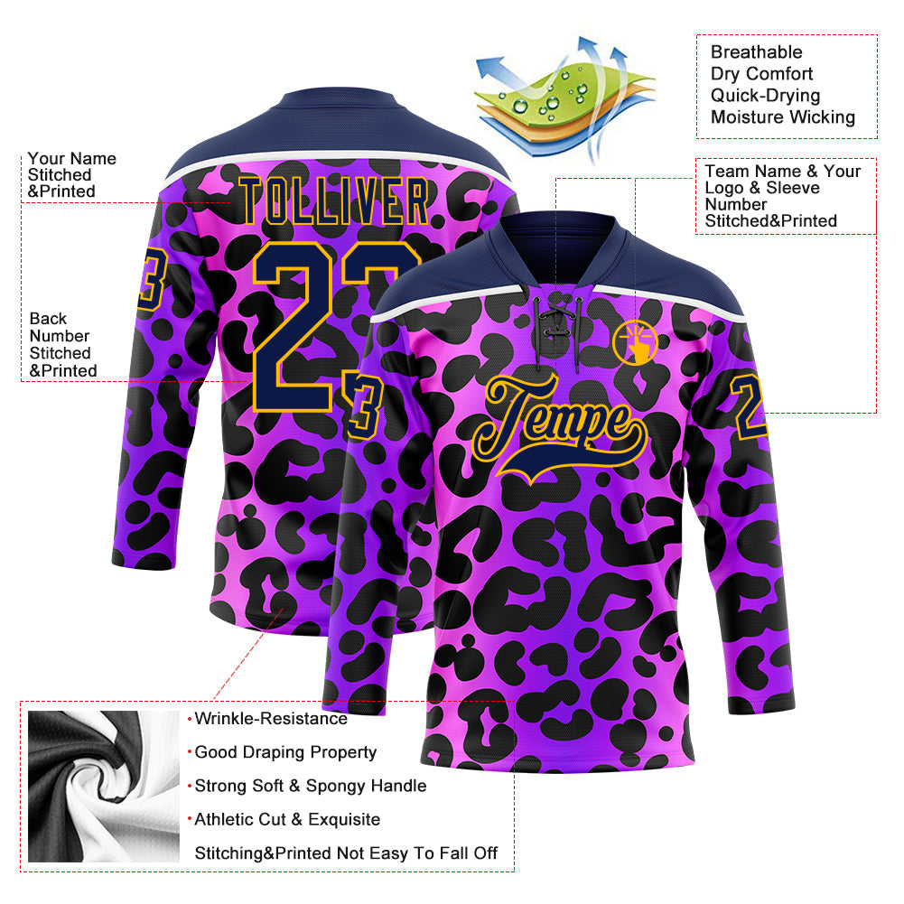 Custom Purple Navy Pink-Gold 3D Pattern Leopard Print Neon Hockey Lace Neck Jersey
