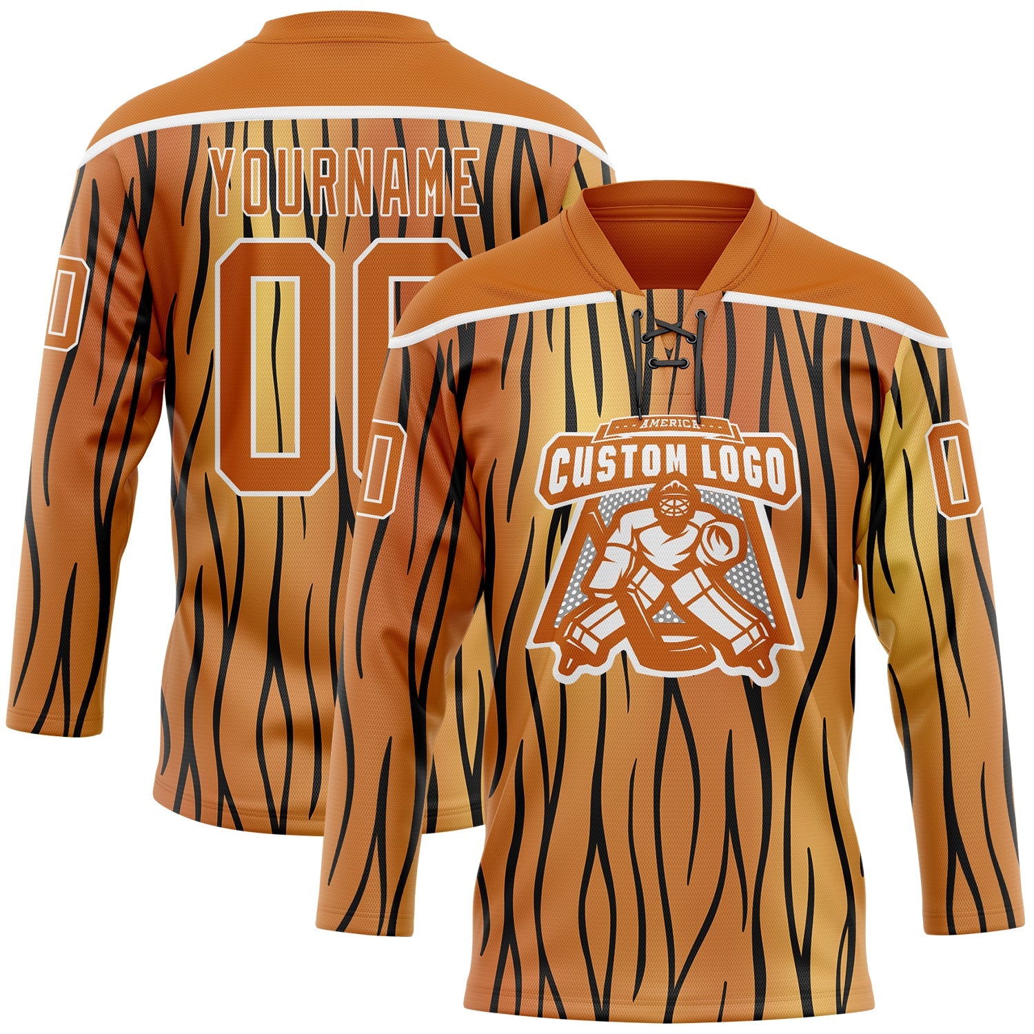 Custom Texas Orange Black-White 3D Pattern Tiger Print Hockey Lace Neck Jersey