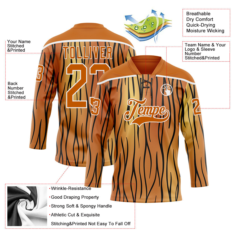Custom Texas Orange Black-White 3D Pattern Tiger Print Hockey Lace Neck Jersey