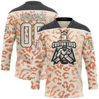 Custom Cream Orange Black-White 3D Pattern Leopard Print Hockey Lace Neck Jersey