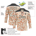 Custom Cream Orange Black-White 3D Pattern Leopard Print Hockey Lace Neck Jersey