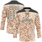 Custom Cream Orange Black-White 3D Pattern Leopard Print Hockey Lace Neck Jersey