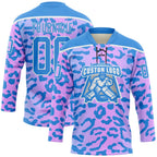 Custom Pink Powder Blue-White 3D Pattern Leopard Print Neon Hockey Lace Neck Jersey