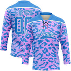 Custom Pink Powder Blue-White 3D Pattern Leopard Print Neon Hockey Lace Neck Jersey
