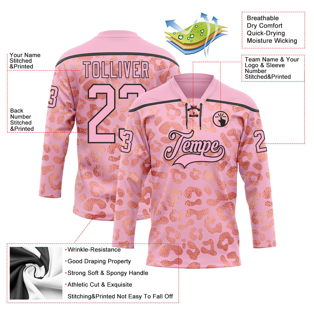 Custom Light Pink Black 3D Pattern Leopard Print Neon Hockey Lace Neck Jersey