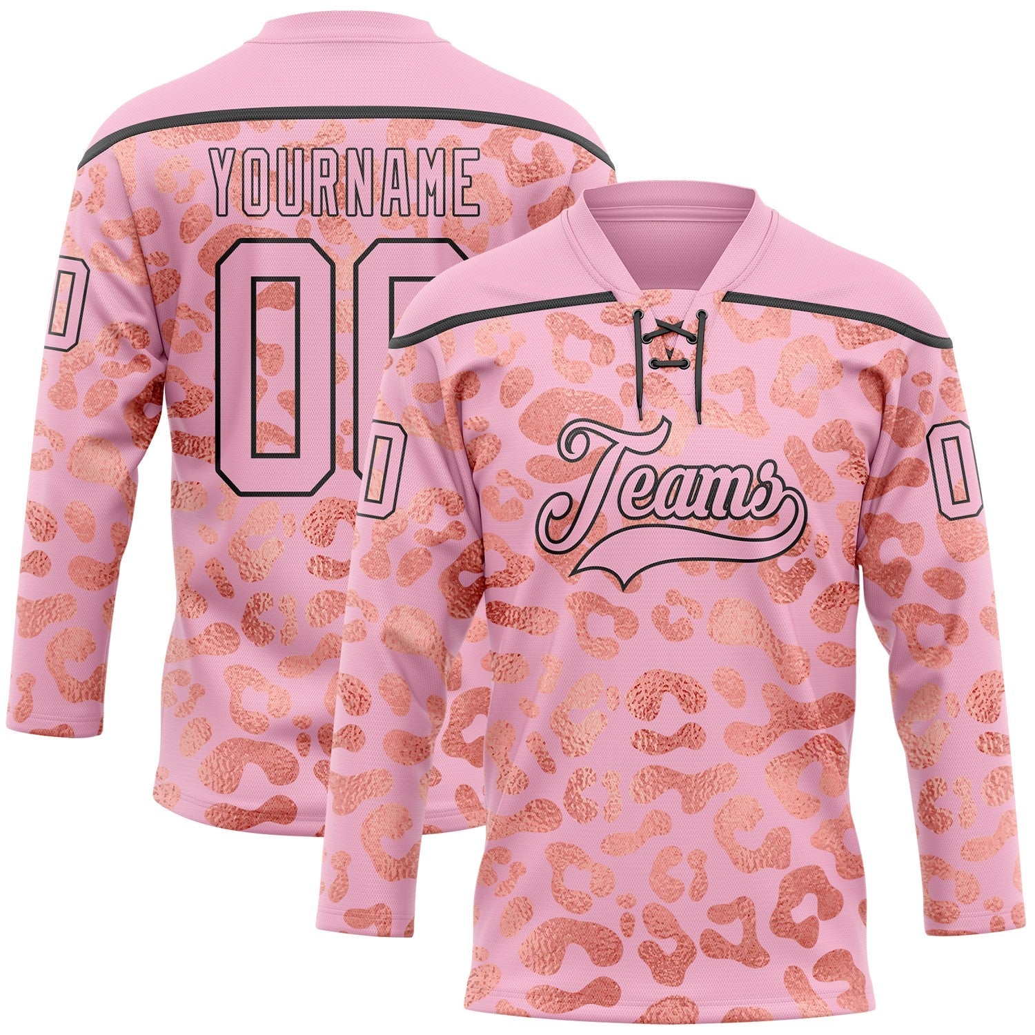 Custom Light Pink Black 3D Pattern Leopard Print Neon Hockey Lace Neck Jersey