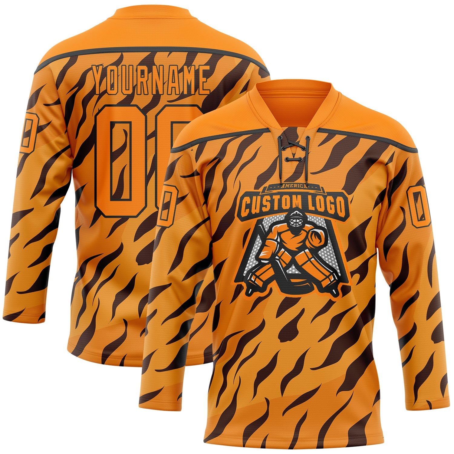 Custom Bay Orange Black 3D Pattern Tiger Print Neon Hockey Lace Neck Jersey