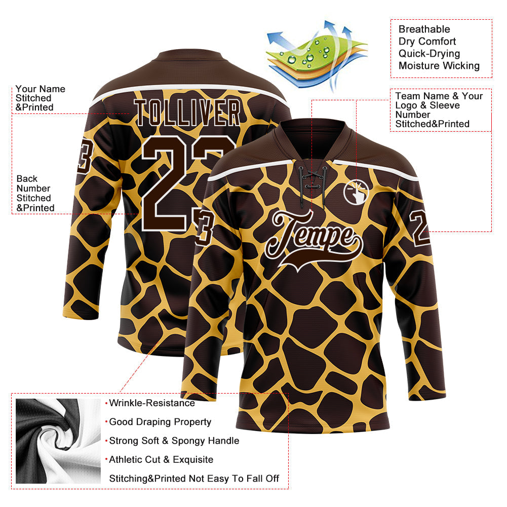Custom Brown White 3D Pattern Giraffe Print Neon Hockey Lace Neck Jersey