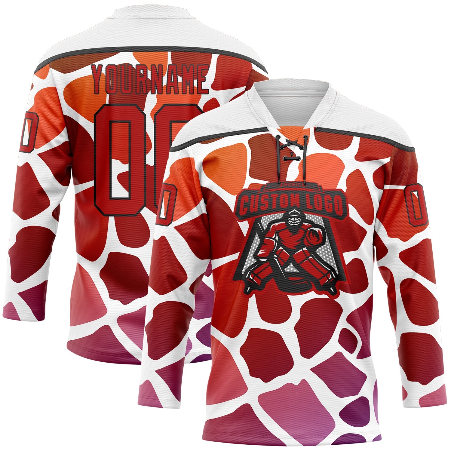 Custom White Red-Black 3D Pattern Gradient Giraffe Print Neon Hockey Lace Neck Jersey