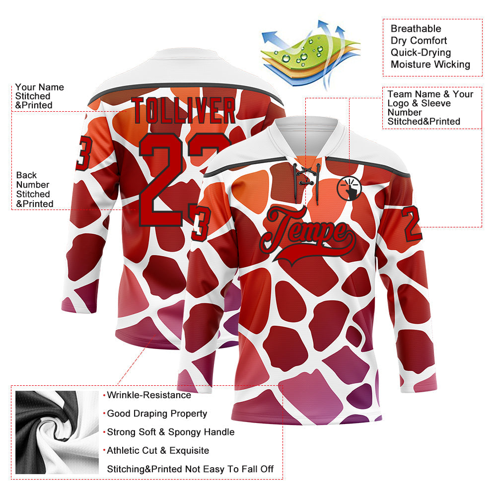 Custom White Red-Black 3D Pattern Gradient Giraffe Print Neon Hockey Lace Neck Jersey