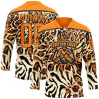 Custom Cream Bay Orange-Black 3D Pattern Leopard Print Neon Hockey Lace Neck Jersey