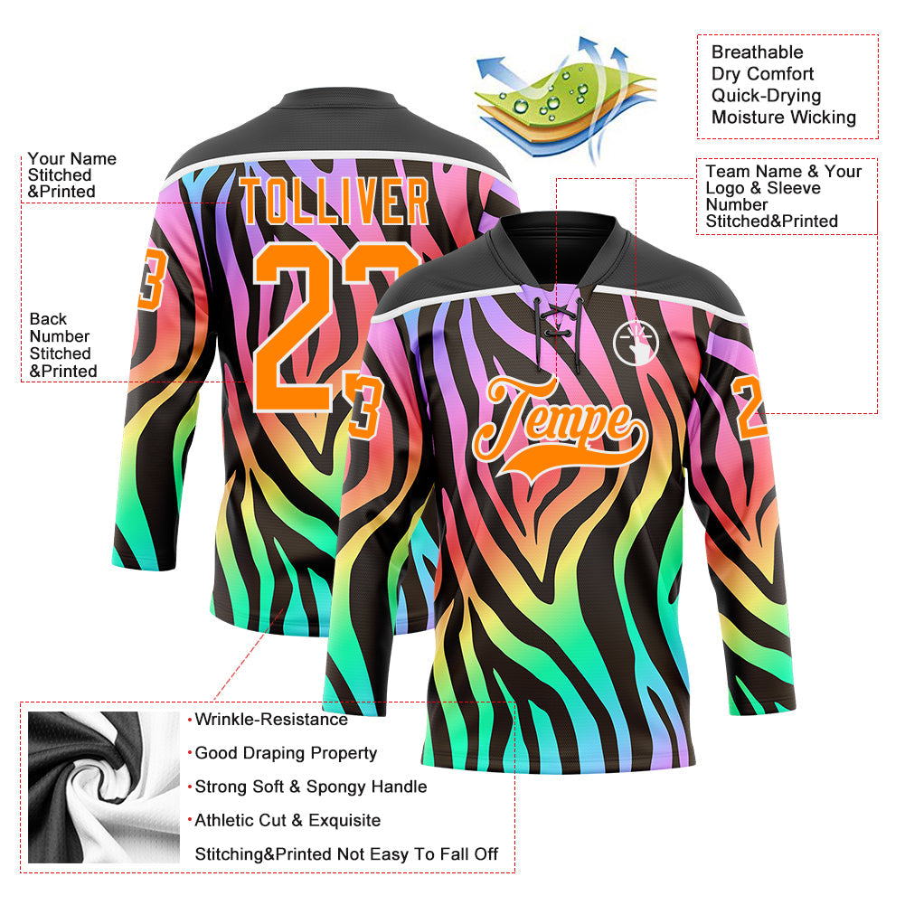 Custom Black Bay Orange Purple Pink Green-White 3D Pattern Zebra Print Neon Hockey Lace Neck Jersey
