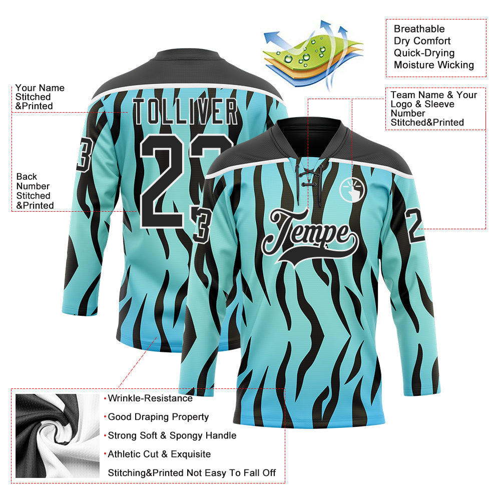 Custom Blue Black-White 3D Pattern Tiger Print Hockey Lace Neck Jersey